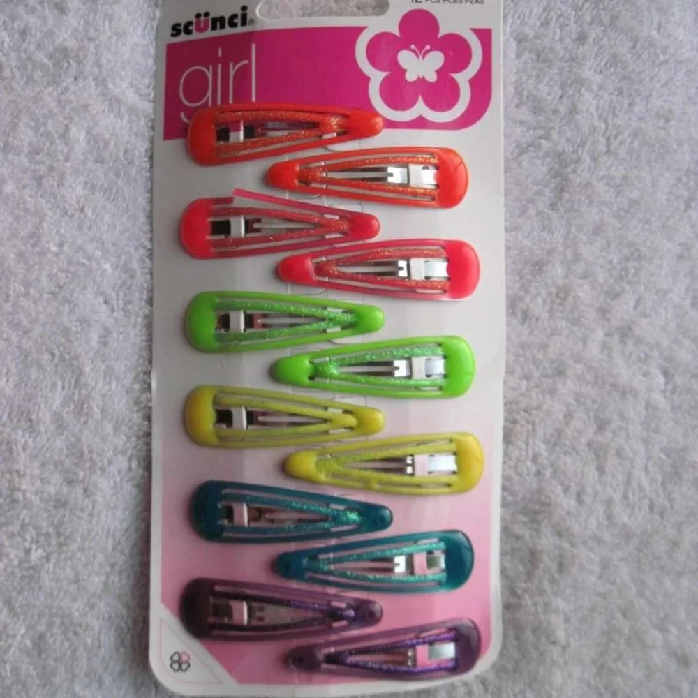 12 Scunci Girls Double Bar Glitter Colored Epoxy Metal Snap Contour Hair Clips